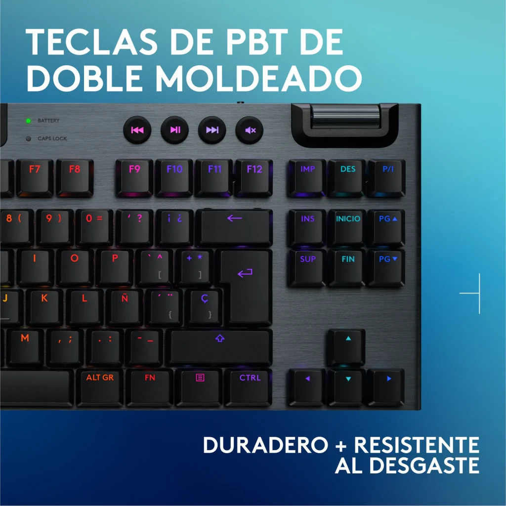 Teclado Gaming Logitech G915 X TKL Lightspeed Inalámbrico GL Tactile RGB Negro, detalle superior: teclas PBT doble moldeado