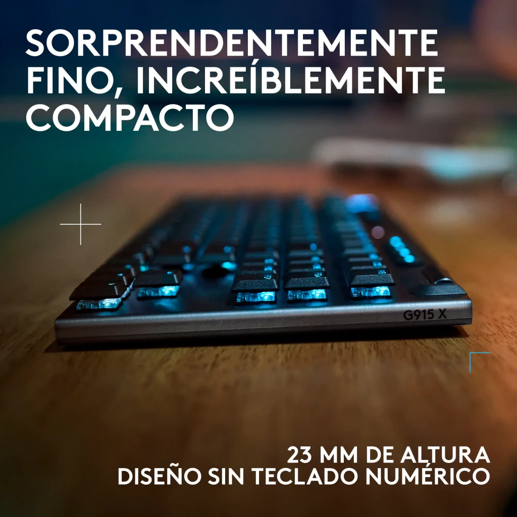 Teclado Gaming Logitech G915 X TKL Lightspeed Inalámbrico GL Tactile RGB Negro, vista lateral: perfil ultra fino de 23 mm
