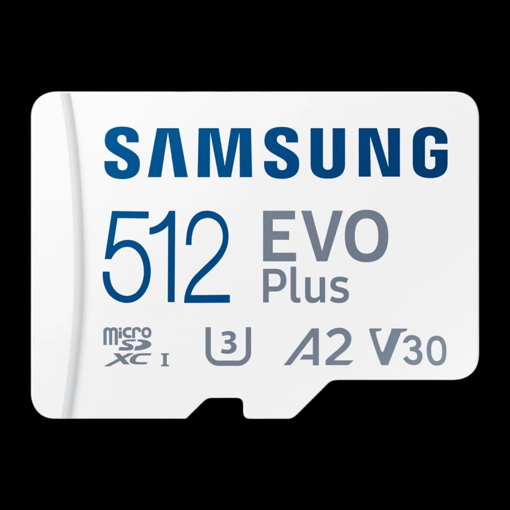 Tarjeta microSD Samsung EVO Plus microSDXC 512GB V30 U3 A2 Blanco, vista frontal: cara blanca con logo Samsung azul