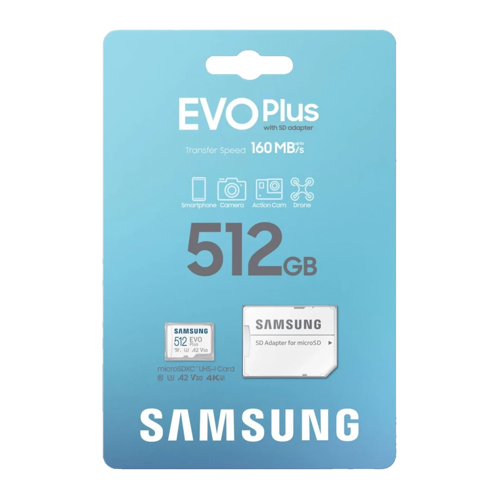 Tarjeta microSD Samsung EVO Plus microSDXC 512GB V30 U3 A2 Blanco, contenido de la caja: blíster azul con tarjeta microSD