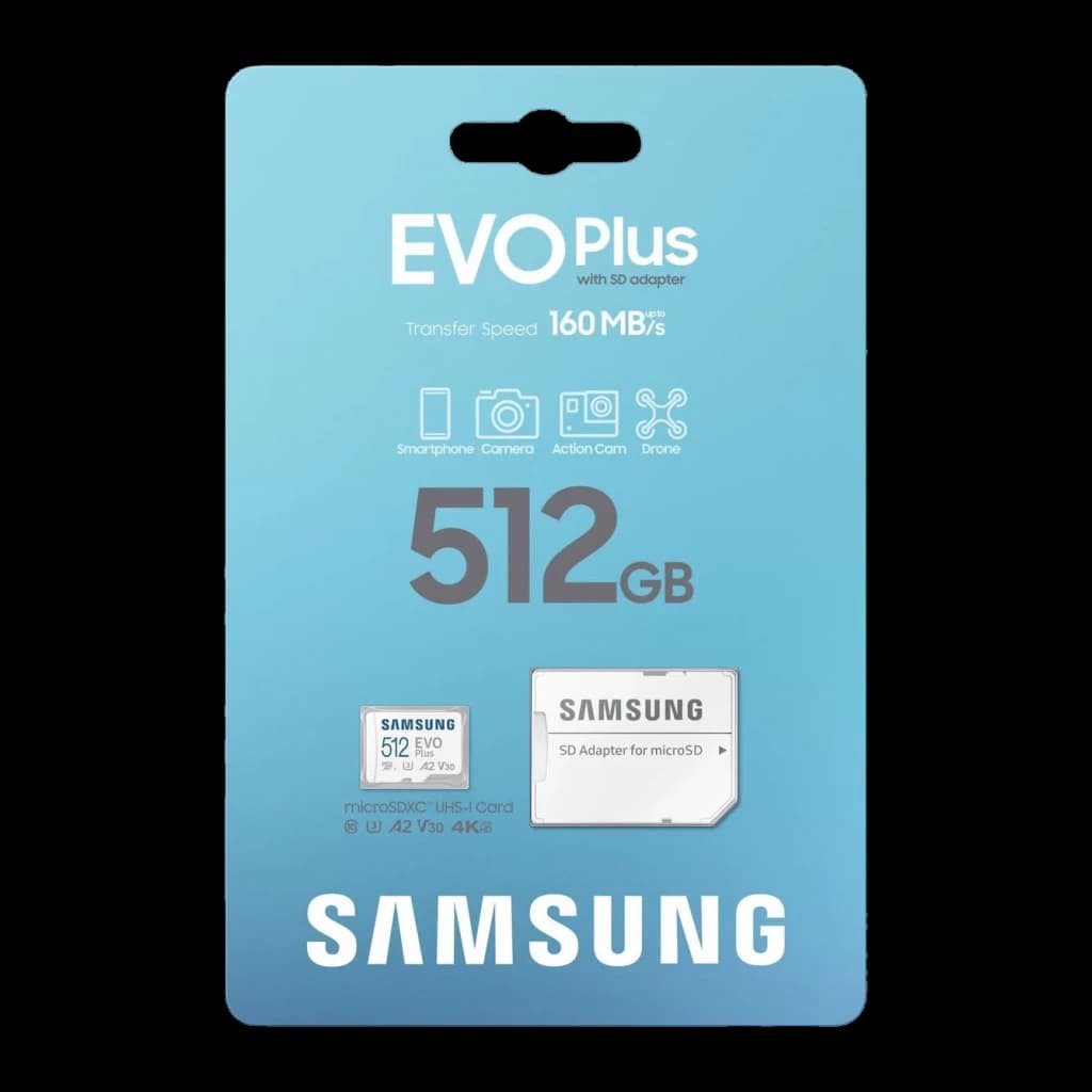 Tarjeta microSD Samsung EVO Plus microSDXC 512GB V30 U3 A2 Blanco, contenido de la caja: blíster azul con tarjeta microSD