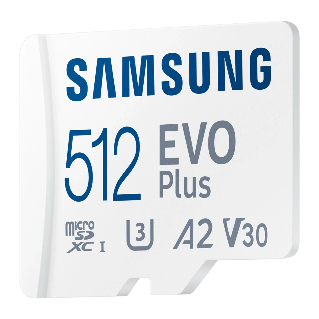 Tarjeta microSD Samsung EVO Plus microSDXC 512GB V30 U3 A2 Blanco, detalle: cara frontal en ángulo con logos Samsung, 512