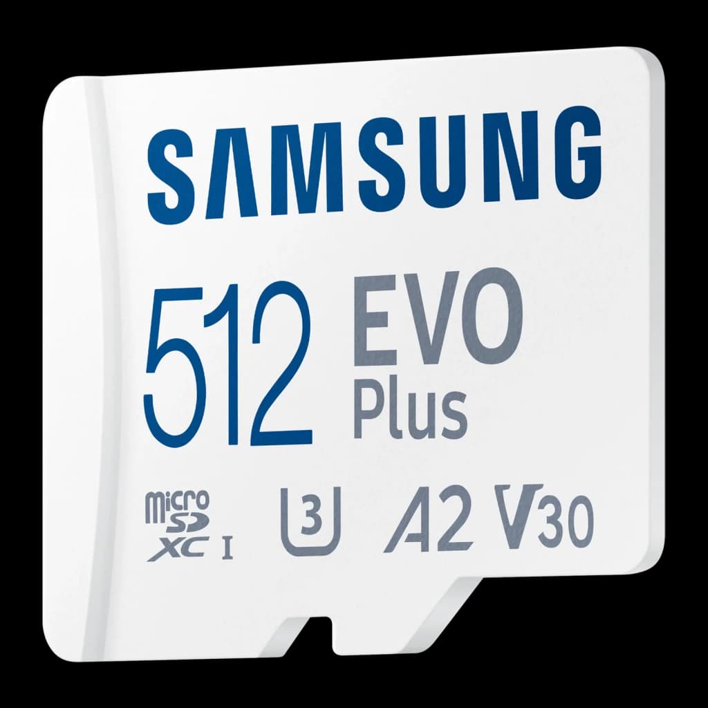 Tarjeta microSD Samsung EVO Plus microSDXC 512GB V30 U3 A2 Blanco, detalle: cara frontal en ángulo con logos Samsung, 512