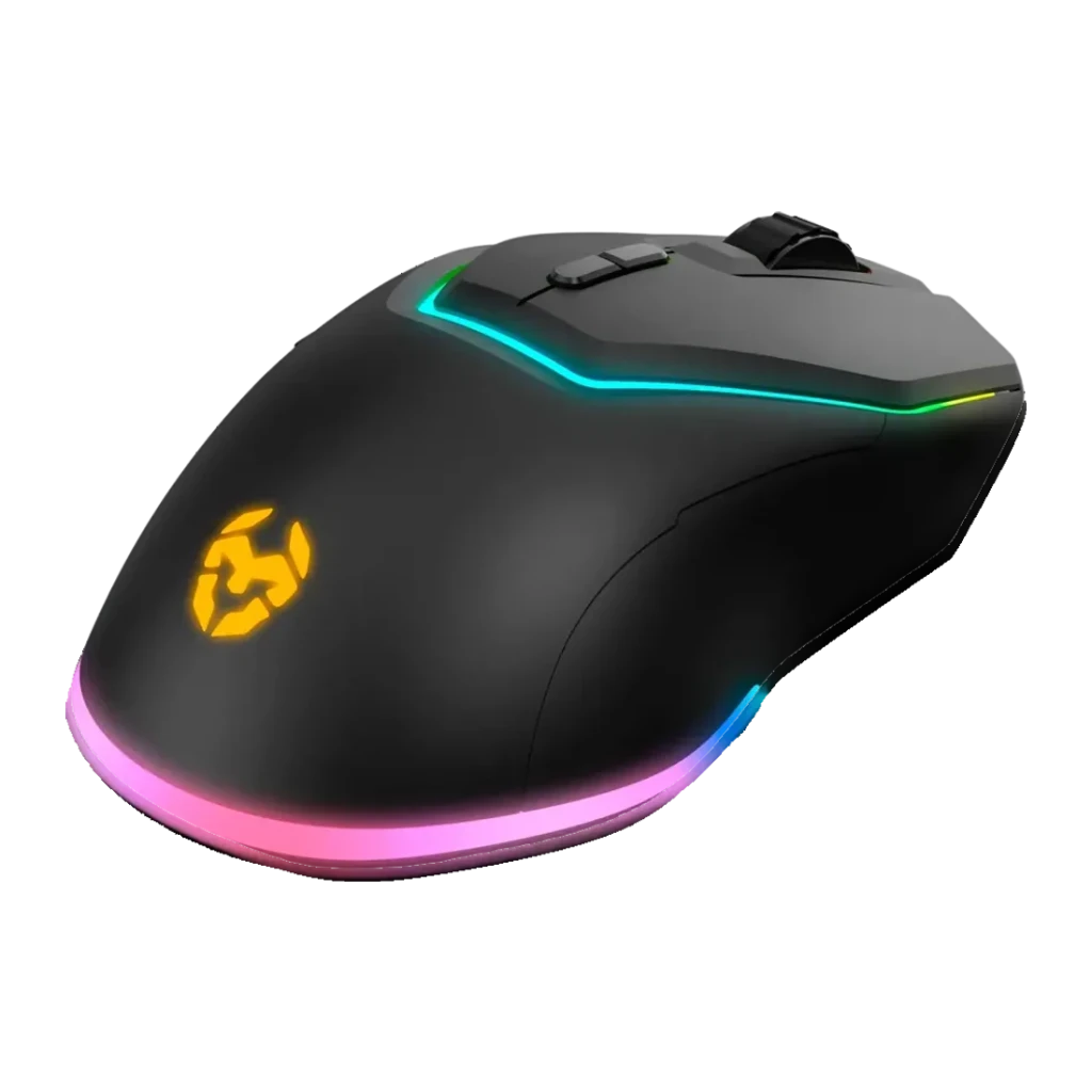 Pack Gaming Krom Kabala Inalámbrico Membrana 4800 DPI RGB Español Negro, detalle: logo Krom iluminado en amarillo y franja