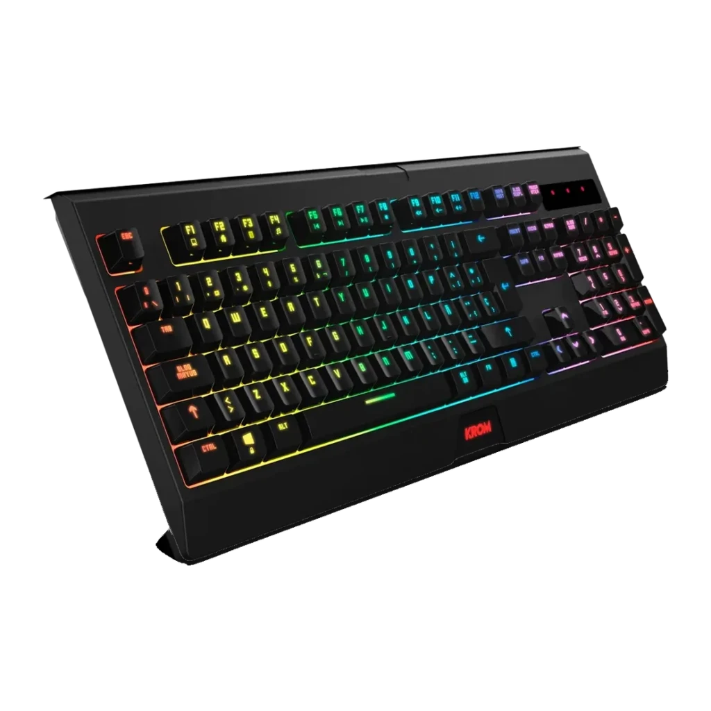 Pack Gaming Krom Kabala Inalámbrico Membrana 4800 DPI RGB Español Negro, detalle: teclado en ángulo con retroiluminación RGB