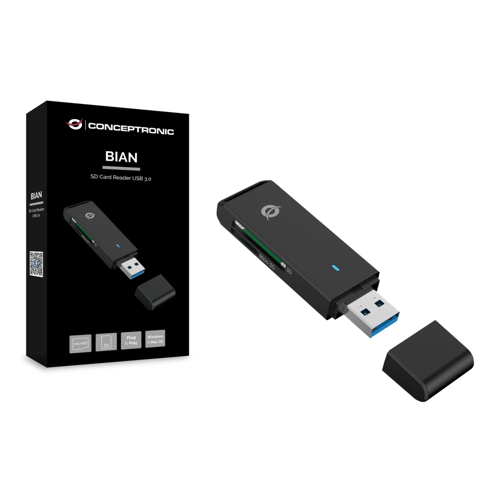Lecteur de cartes Conceptronic BIAN02B SD / microSD USB 3.0 Noir, contenu de la boîte: lecteur avec capuchon séparé et boîte