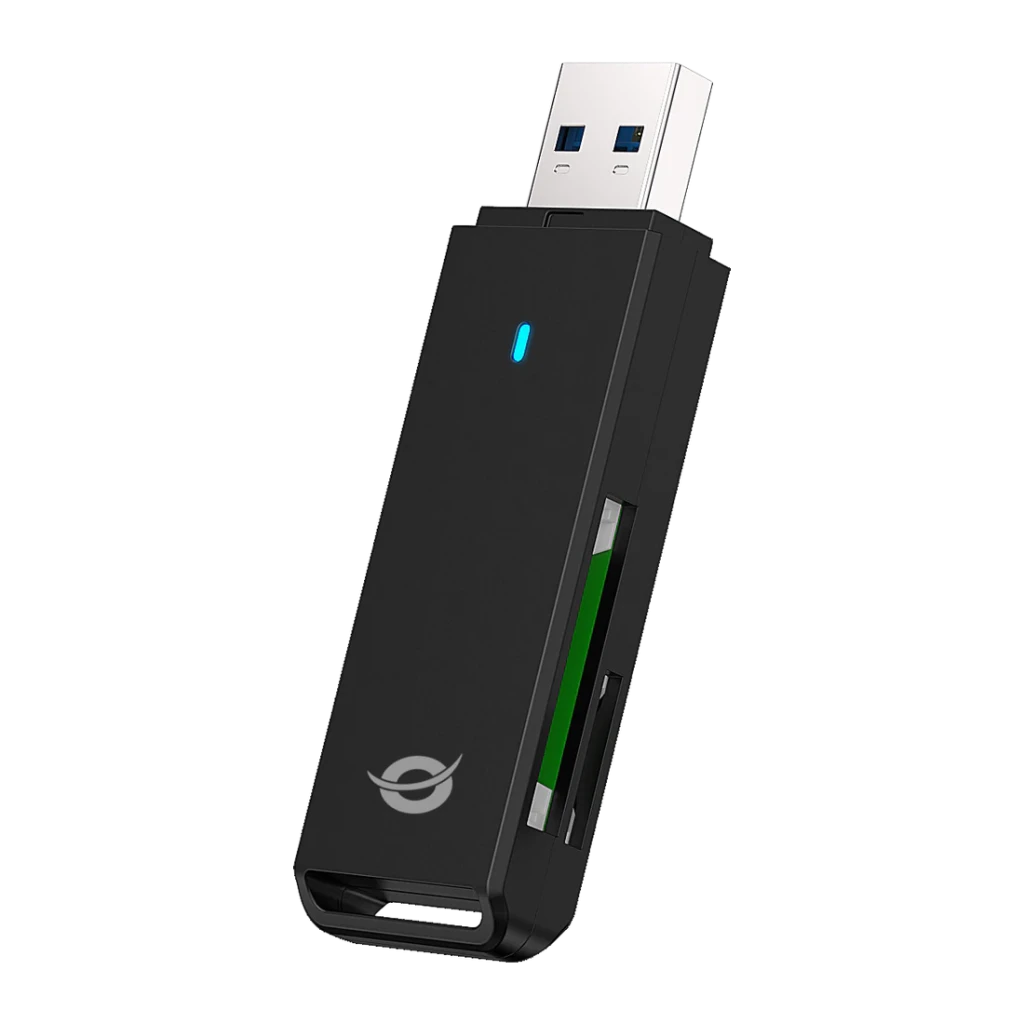 Lecteur de cartes Conceptronic BIAN02B SD / microSD USB 3.0 Noir, détail: connecteur USB 3.0, LED bleue, fentes SD