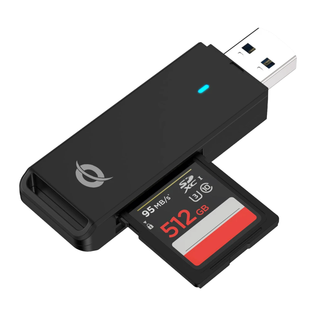 Lecteur de cartes Conceptronic BIAN02B SD / microSD USB 3.0 Noir, détail: connecteur USB-A, LED bleue et carte SD insérée