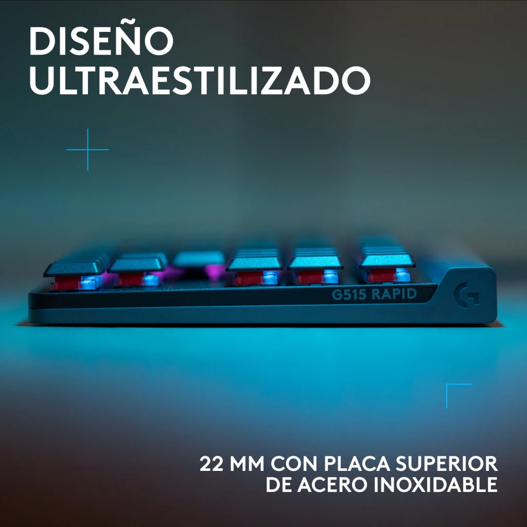 Teclado Gaming Logitech G515 TKL Rapid RGB Mecánico Perfil Bajo Español Negro, vista lateral: perfil ultradelgado 22 mm