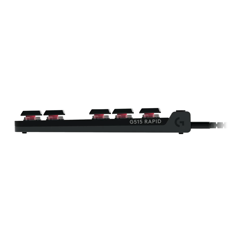 Teclado Gaming Logitech G515 TKL Rapid RGB Mecánico Perfil Bajo Español Negro, detalle lateral: switches rojos de perfil