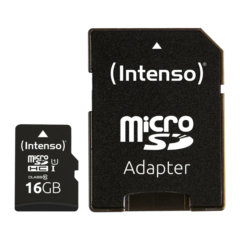 Tarjeta microSD Intenso MicroSDHC Premium 16GB U1 Clase 10 Negro, vista frontal: tarjeta y adaptador SD negros con logo