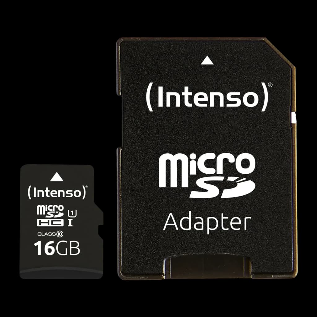 Tarjeta microSD Intenso MicroSDHC Premium 16GB U1 Clase 10 Negro, vista frontal: tarjeta y adaptador SD negros con logo