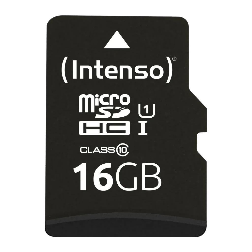 Tarjeta microSD Intenso MicroSDHC Premium 16GB U1 Clase 10 Negro, detalle: cara frontal negra con logos microSDHC, U1, Class
