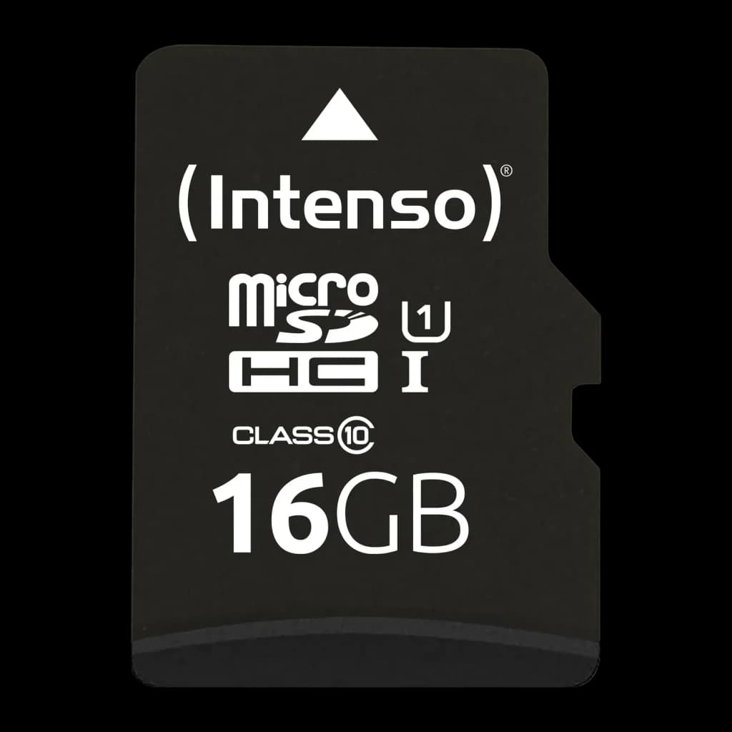 Tarjeta microSD Intenso MicroSDHC Premium 16GB U1 Clase 10 Negro, detalle: cara frontal negra con logos microSDHC, U1, Class