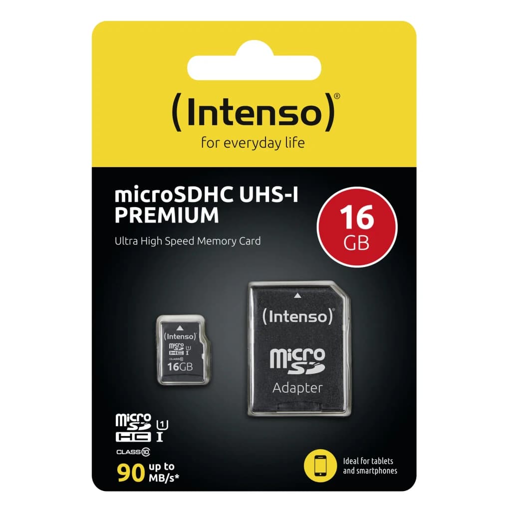 Tarjeta microSD Intenso MicroSDHC Premium 16GB U1 Clase 10 Negro, contenido de la caja: blíster con tarjeta y adaptador SD