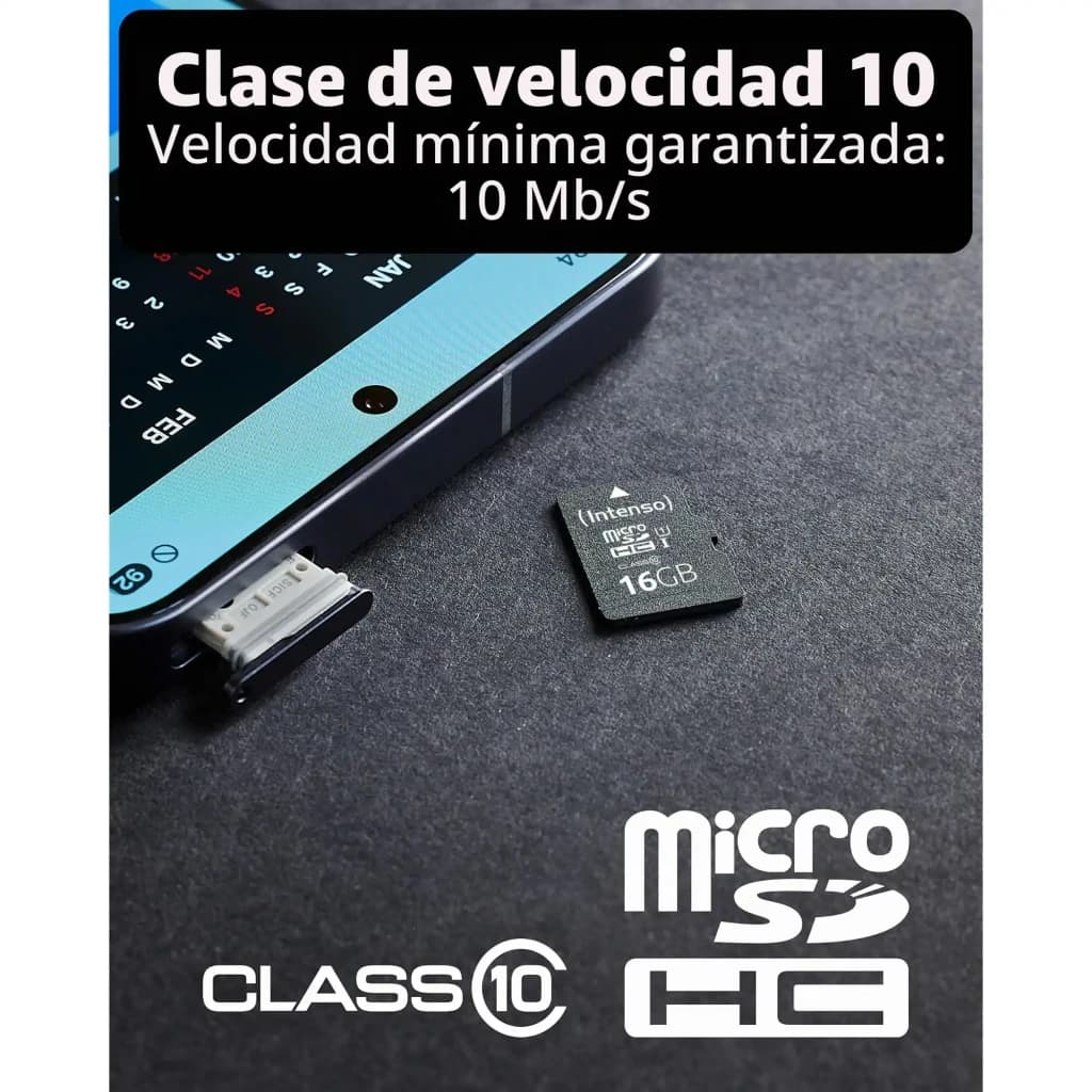 Tarjeta microSD Intenso MicroSDHC Premium 16GB U1 Clase 10 Negro, lifestyle: tarjeta junto a ranura de smartphone, logos