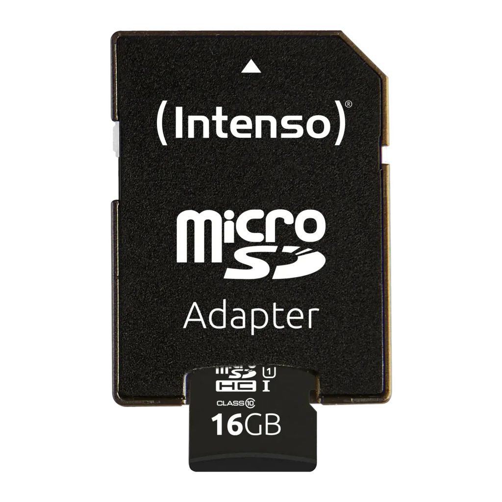 Tarjeta microSD Intenso MicroSDHC Premium 16GB U1 Clase 10 Negro, detalle: tarjeta insertada parcialmente en adaptador SD