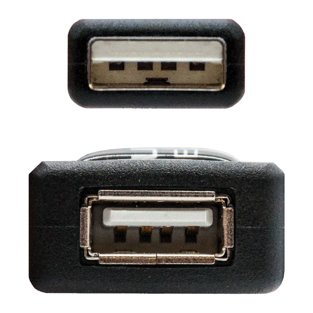 Câble Nanocable USB 2.0 Rallonge avec Amplificateur Type A Mâle/Femelle 5m Noir, détail: connecteur mâle en haut et femelle