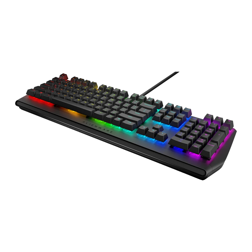 Teclado Gaming Alienware AW410K Mecânico RGB 100% Completo Preto, detalhe: iluminação RGB multicolor sob as teclas e apoio