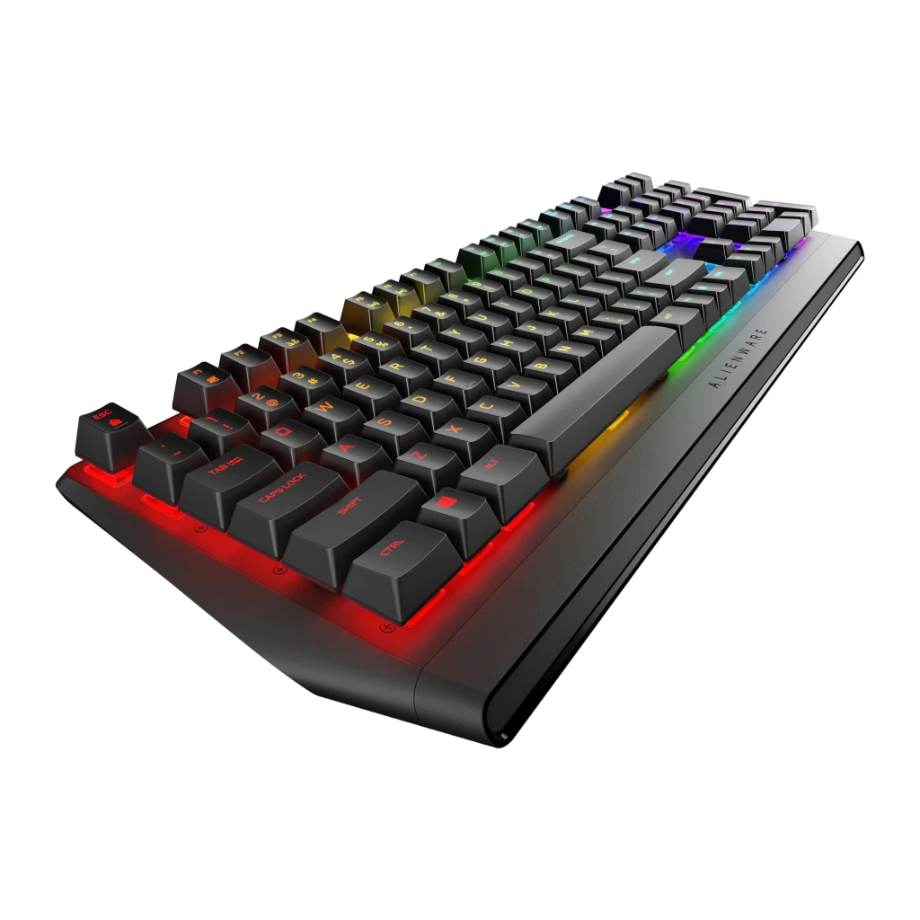 Teclado Gaming Alienware AW410K Mecânico RGB 100% Completo Preto, detalhe: vista em ângulo com iluminação RGB multicolor nas