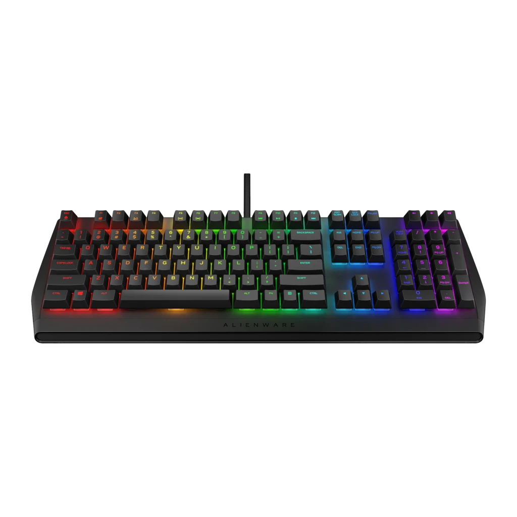 Teclado Gaming Alienware AW410K Mecânico RGB 100% Completo Preto, detalhe: iluminação RGB multicolor nas teclas e base