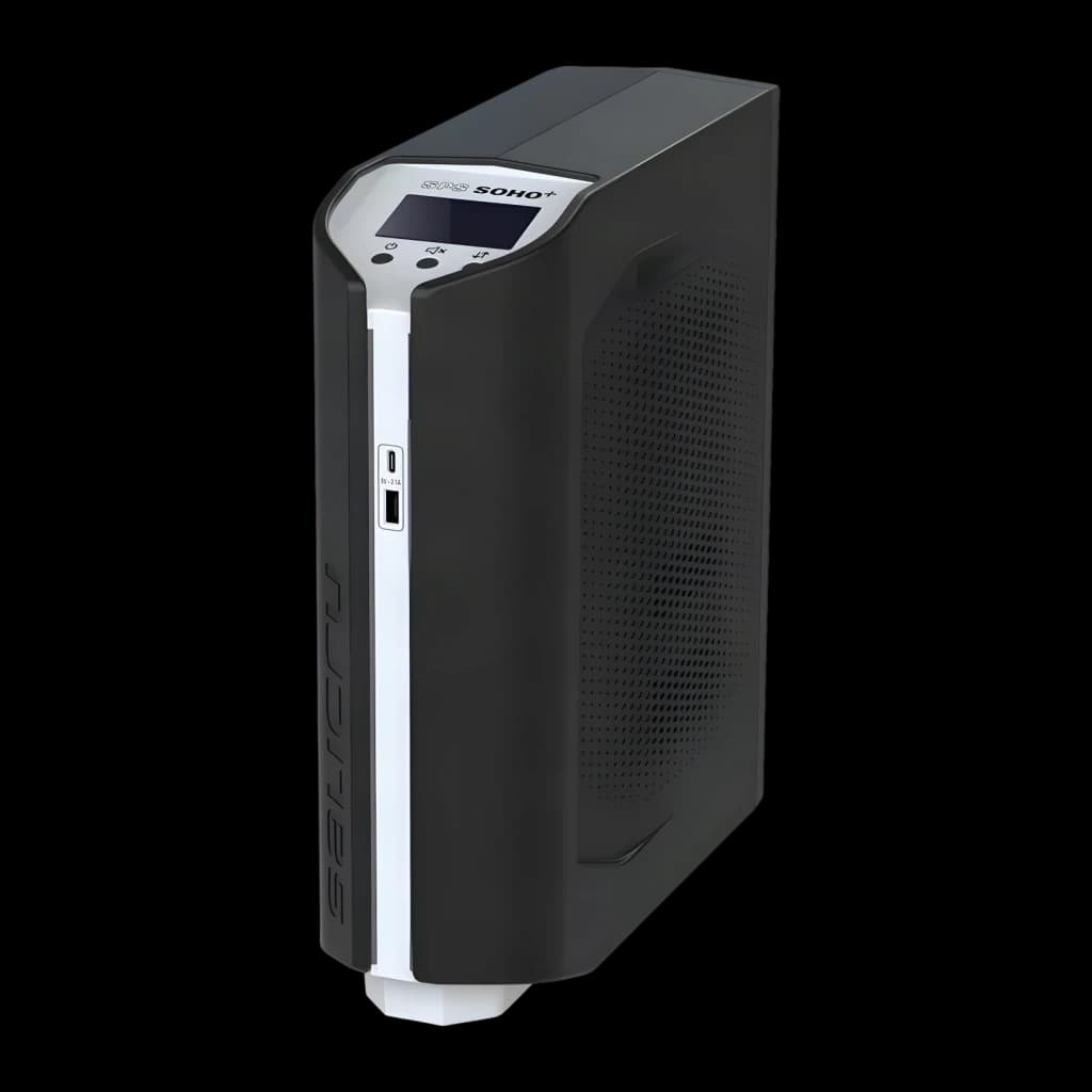 Sai ups Salicru SPS 900 SOHO+ Línea Interactiva 900VA 510W Negro, vista frontal: carcasa negra con panel plateado, pantalla