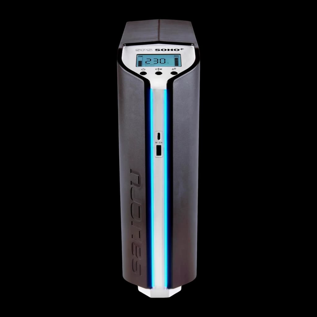 Sai ups Salicru SPS 900 SOHO+ Línea Interactiva 900VA 510W Negro, detalle frontal: pantalla LCD con 230V, franja LED azul