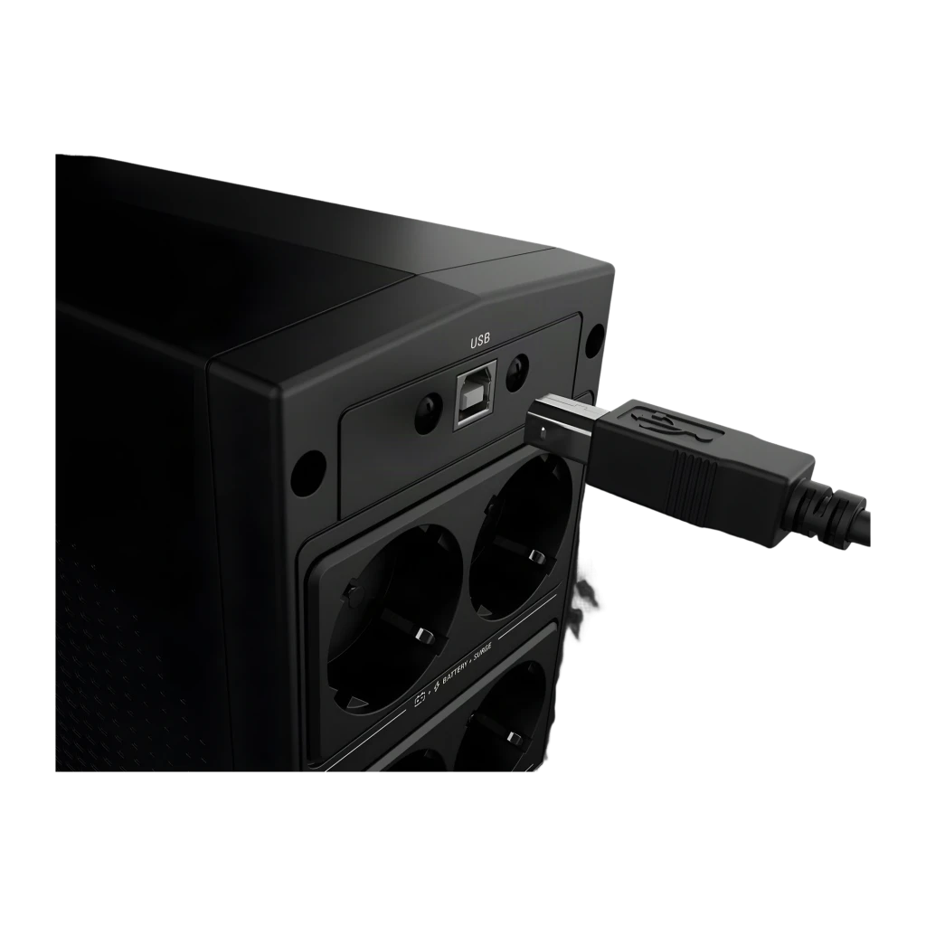 Sai ups Salicru SPS 900 SOHO+ Línea Interactiva 900VA 510W Negro, vista trasera: puerto USB y tomas Schuko con cable USB