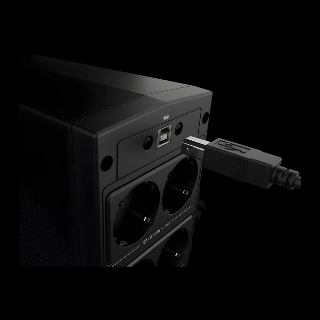 Sai ups Salicru SPS 900 SOHO+ Línea Interactiva 900VA 510W Negro, vista trasera: puerto USB y tomas Schuko con cable USB