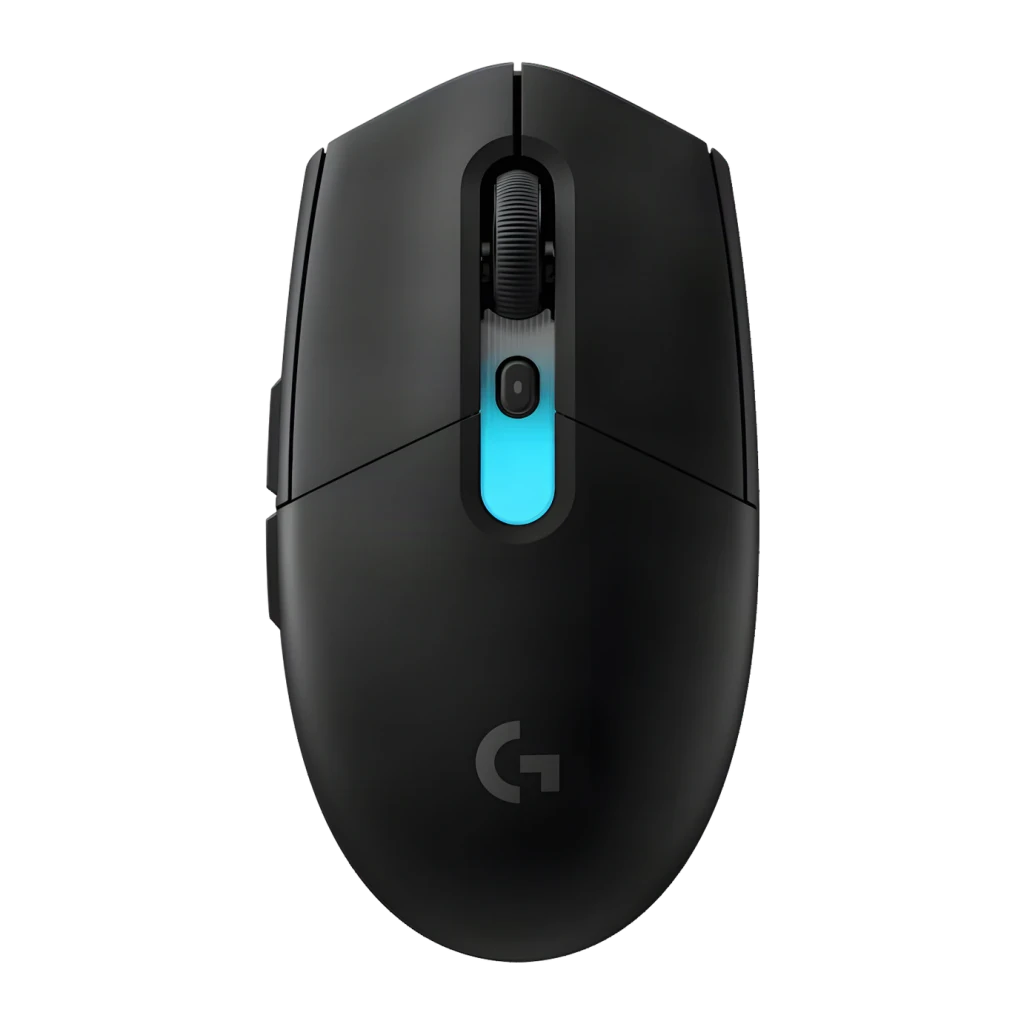 Souris Gaming Logitech G305 X LIGHTSPEED Sans Fil 44000 DPI RGB Noir, vue de face: molette texturée, éclairage RGB bleu