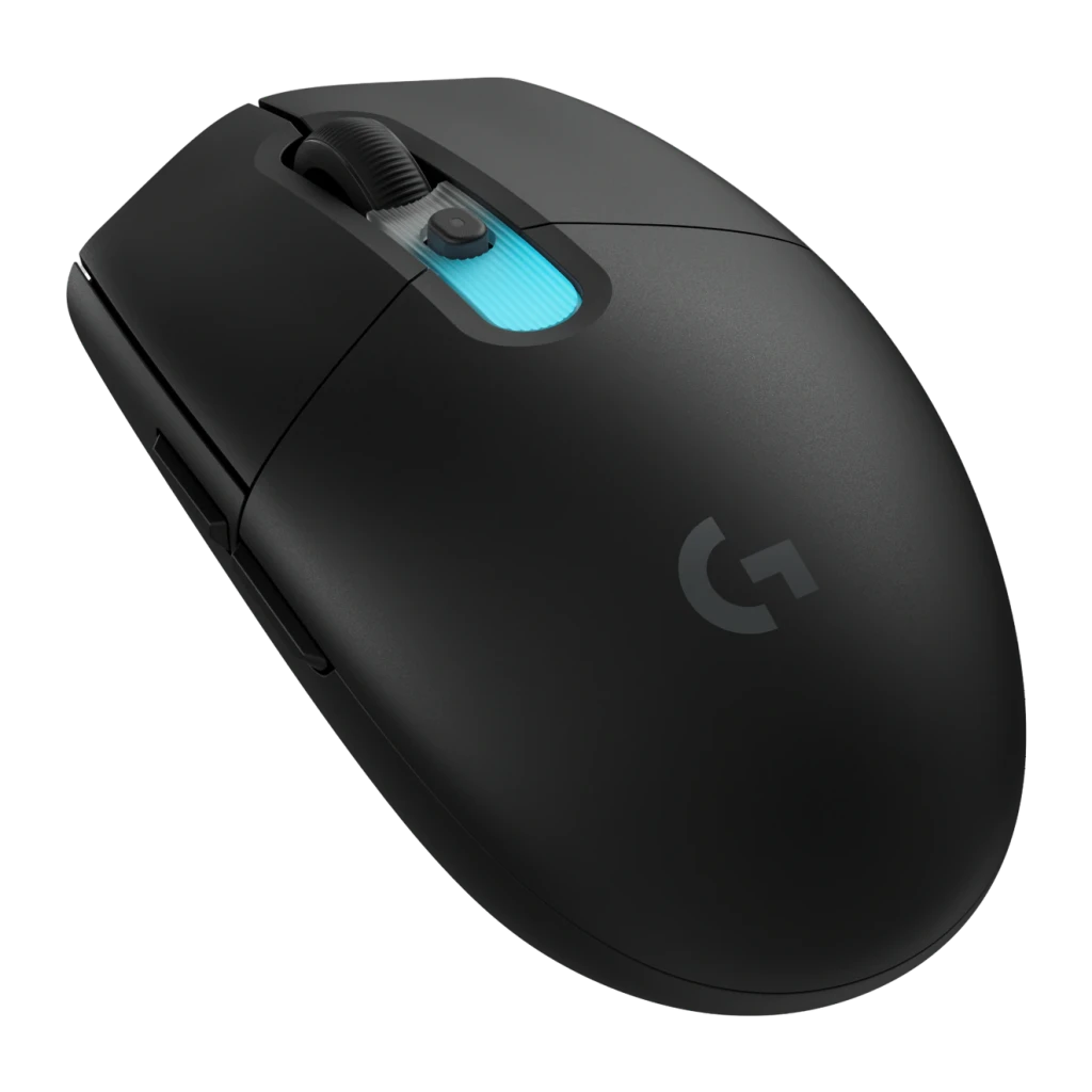 Souris Gaming Logitech G305 X LIGHTSPEED Sans Fil 44000 DPI RGB Noir, détail: éclairage RGB bleu sur la bande centrale