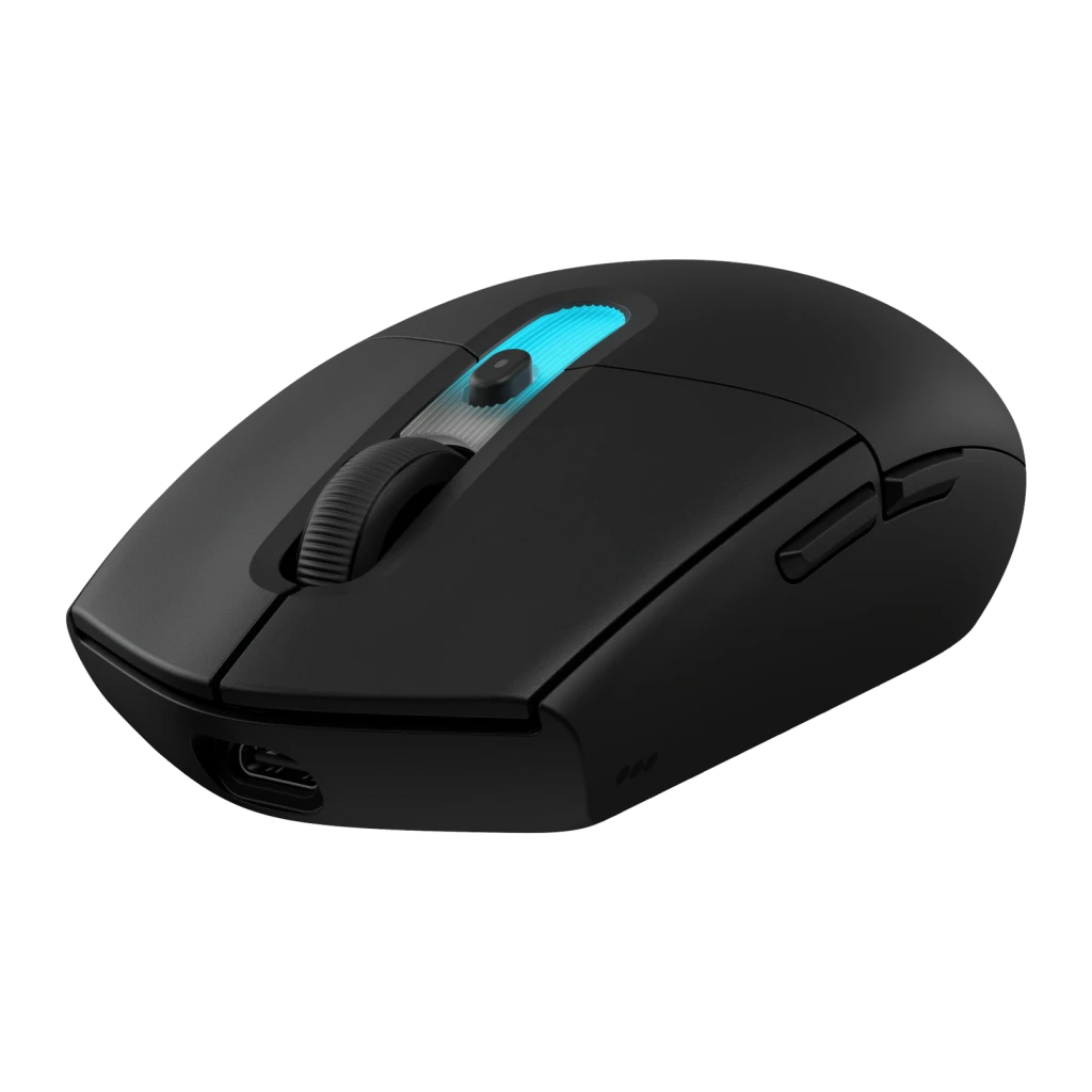Souris Gaming Logitech G305 X LIGHTSPEED Sans Fil 44000 DPI RGB Noir, détail: éclairage RGB bleu sur molette, port USB-C
