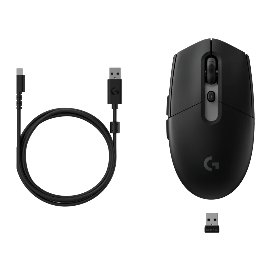 Souris Gaming Logitech G305 X LIGHTSPEED Sans Fil 44000 DPI RGB Noir, détail: vue du dessus avec récepteur USB et câble