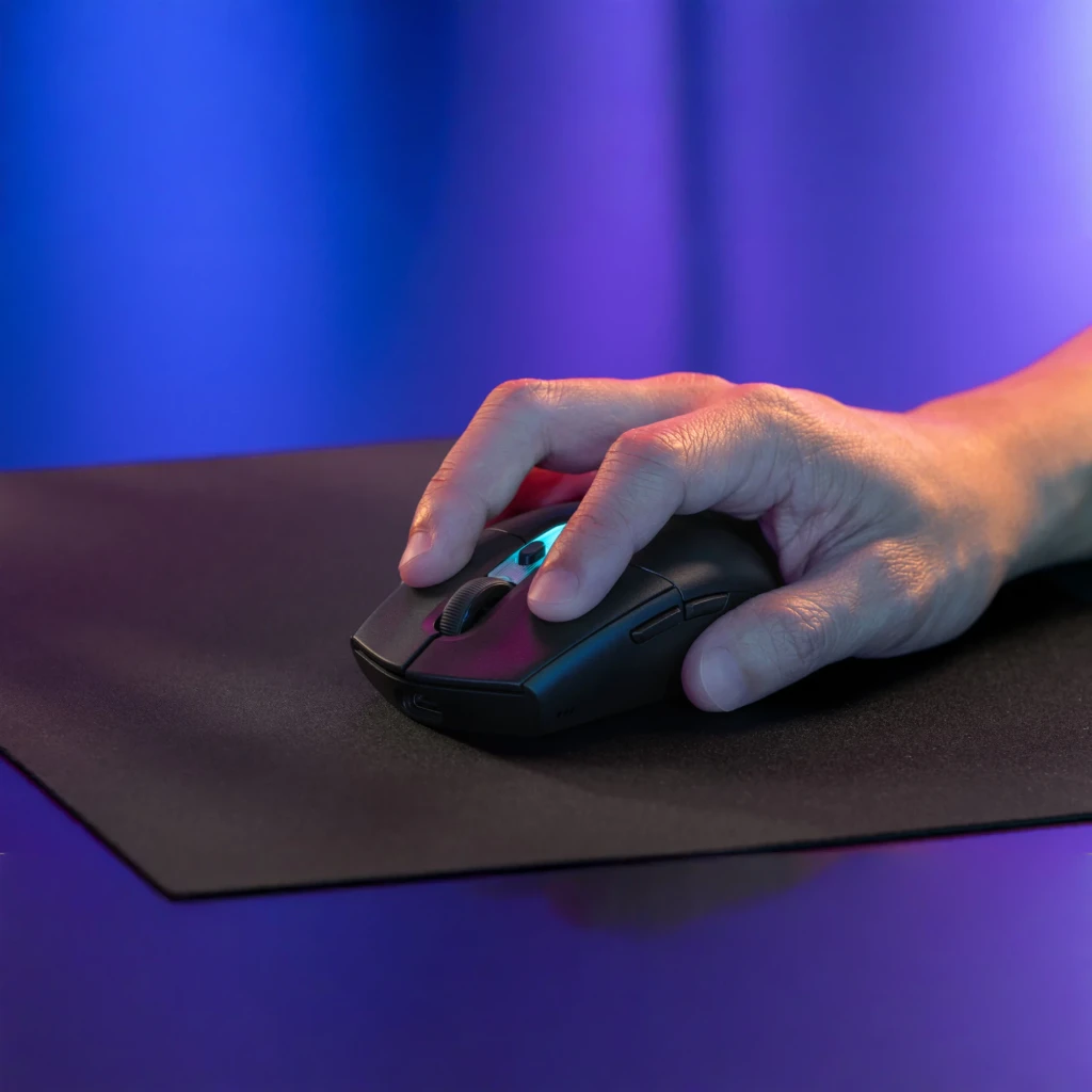 Souris Gaming Logitech G305 X LIGHTSPEED Sans Fil 44000 DPI RGB Noir, en utilisation: main la tenant sur tapis noir
