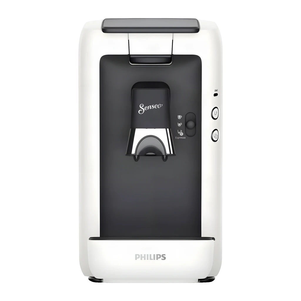 Cafetière à dosettes Philips Senseo Maestro CSA260/10 1,2L 1450W Blanc, vue de face: panneau noir avec logo Senseo, boutons