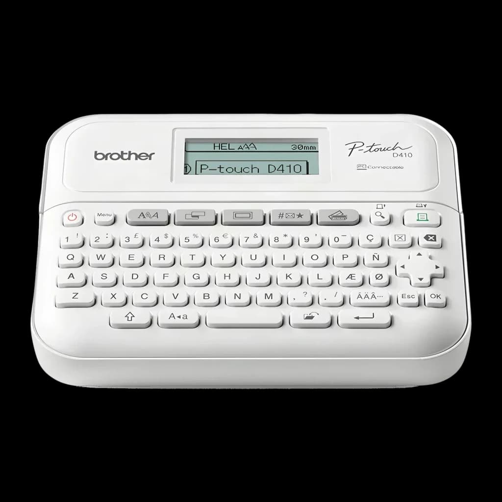 Impresora de Etiquetas Brother PT-D410VP Blanco, vista frontal: teclado QWERTY completo y pantalla LCD con texto P-touch D410
