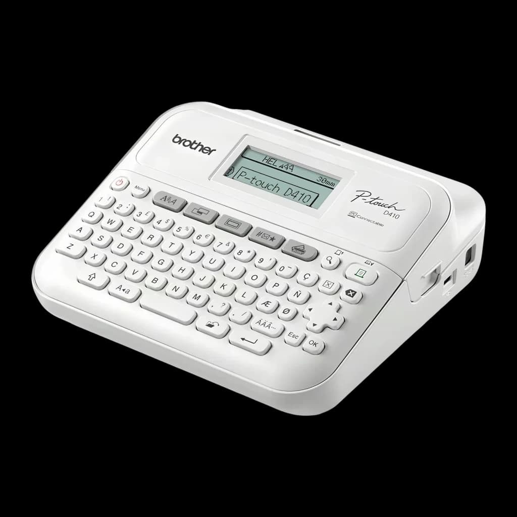 Impresora de Etiquetas Brother PT-D410VP Blanco, detalle: teclado QWERTY completo y pantalla LCD con texto P-touch D410