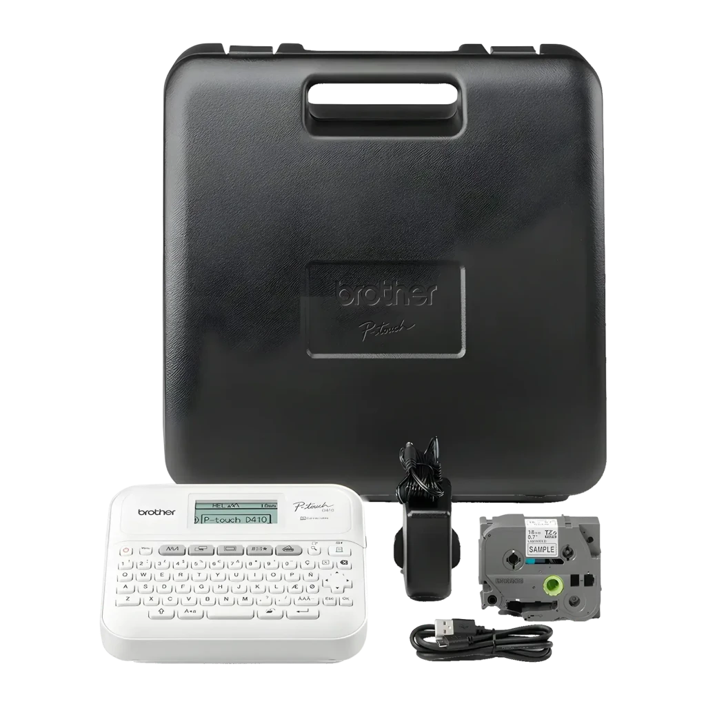 Impresora de Etiquetas Brother PT-D410VP Blanco, detalle: maletín rígido Brother P-touch, impresora, adaptador, cinta