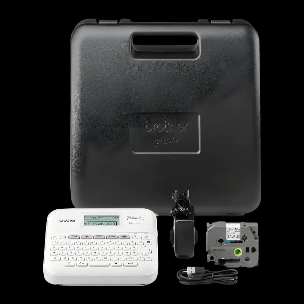 Impresora de Etiquetas Brother PT-D410VP Blanco, detalle: maletín rígido Brother P-touch, impresora, adaptador, cinta