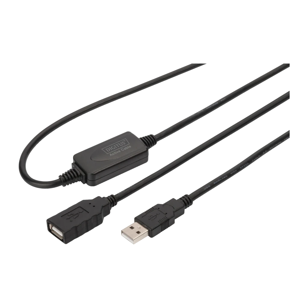 Câble DIGITUS DA-73100-1 USB 2.0 AM/AH Amplifié 10m Noir, vue de face: connecteur USB-A mâle, femelle et module
