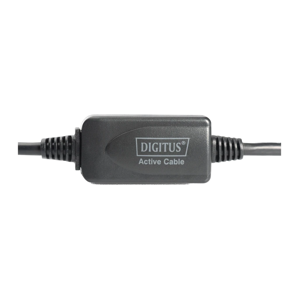 Câble DIGITUS DA-73100-1 USB 2.0 AM/AH Amplifié 10m Noir, détail: boîtier amplificateur avec logo DIGITUS et texte Active