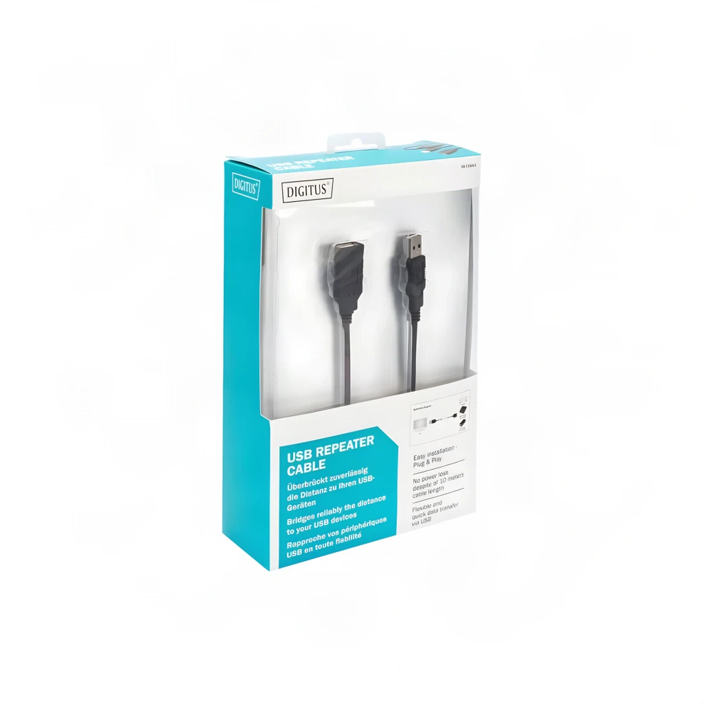 Câble DIGITUS DA-73100-1 USB 2.0 AM/AH Amplifié 10m Noir, contenu de la boîte: emballage avec fenêtre montrant le câble noir