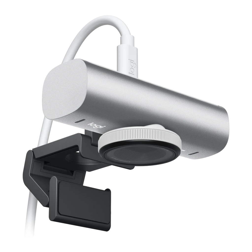 Webcam Logitech MX Brio 4K Ultra HD Microphone Dual 30fps USB-C Gris, vue arrière: molette de réglage, objectif et câble