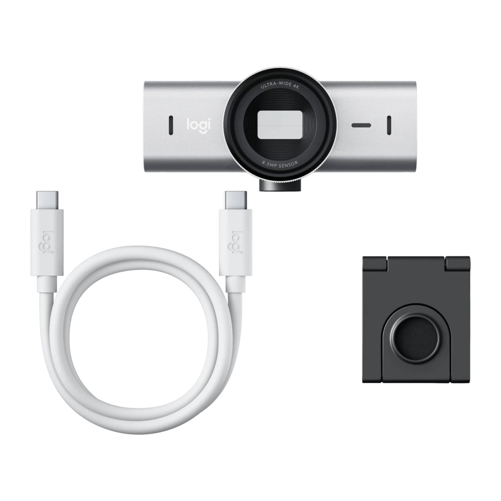 Webcam Logitech MX Brio 4K Ultra HD Microphone Dual 30fps USB-C Gris, détail: contenu boîte, objectif Ultra Wide, câble