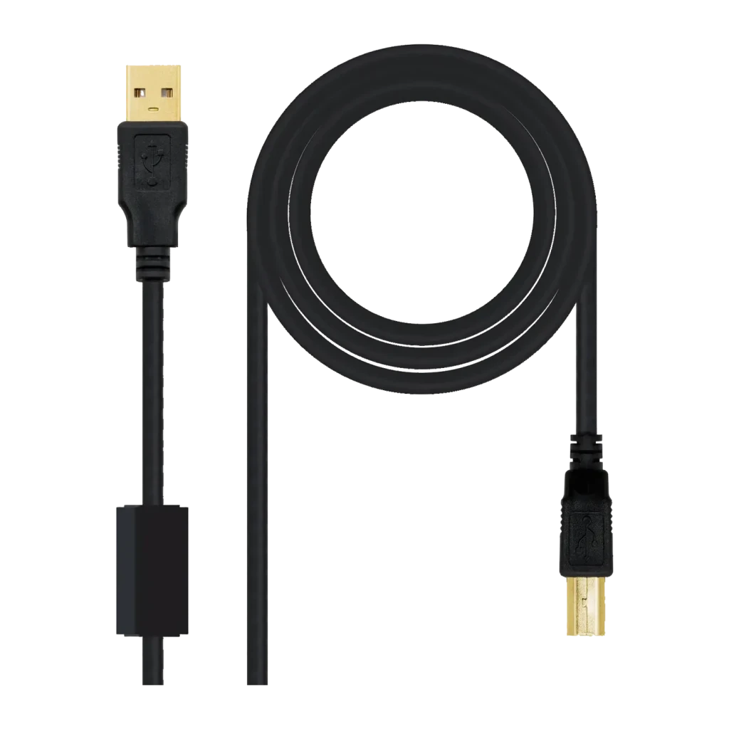 Cable Nanocable USB 2.0 Tipo A/M-B/M con Ferrita 5m USB-A a USB-B Negro, vista frontal: conectores dorados tipo A y tipo B