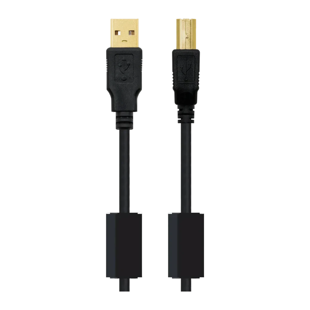 Cable Nanocable USB 2.0 Tipo A/M-B/M con Ferrita 5m USB-A a USB-B Negro, detalle: conectores dorados tipo A y tipo B