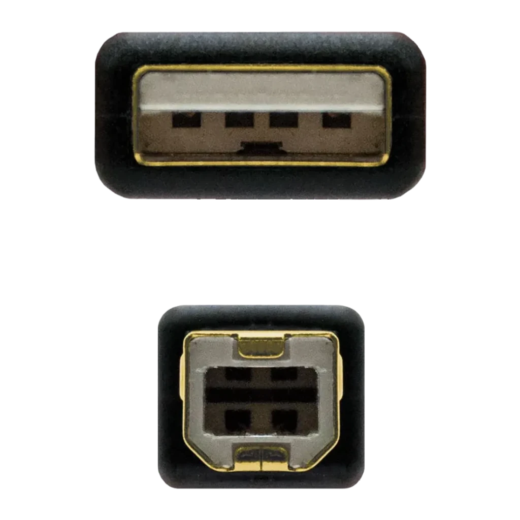 Cable Nanocable USB 2.0 Tipo A/M-B/M con Ferrita 5m USB-A a USB-B Negro, detalle: conectores macho tipo A y tipo B