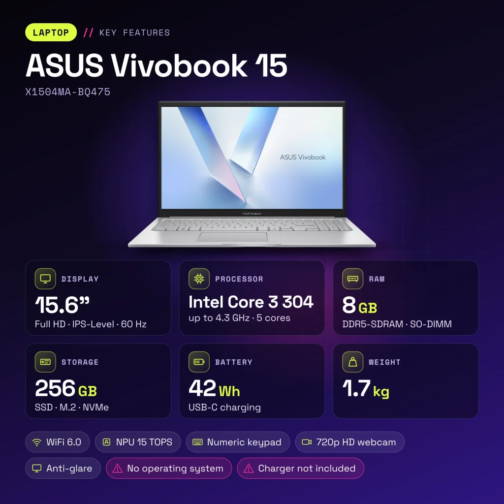 Portátil ASUS Vivobook 15 8GB/256GB 15,6 pulgadas Full HD IPS Intel Core 3 304 Sin Sistema Operativo Plata X1504MA-BQ475 - características