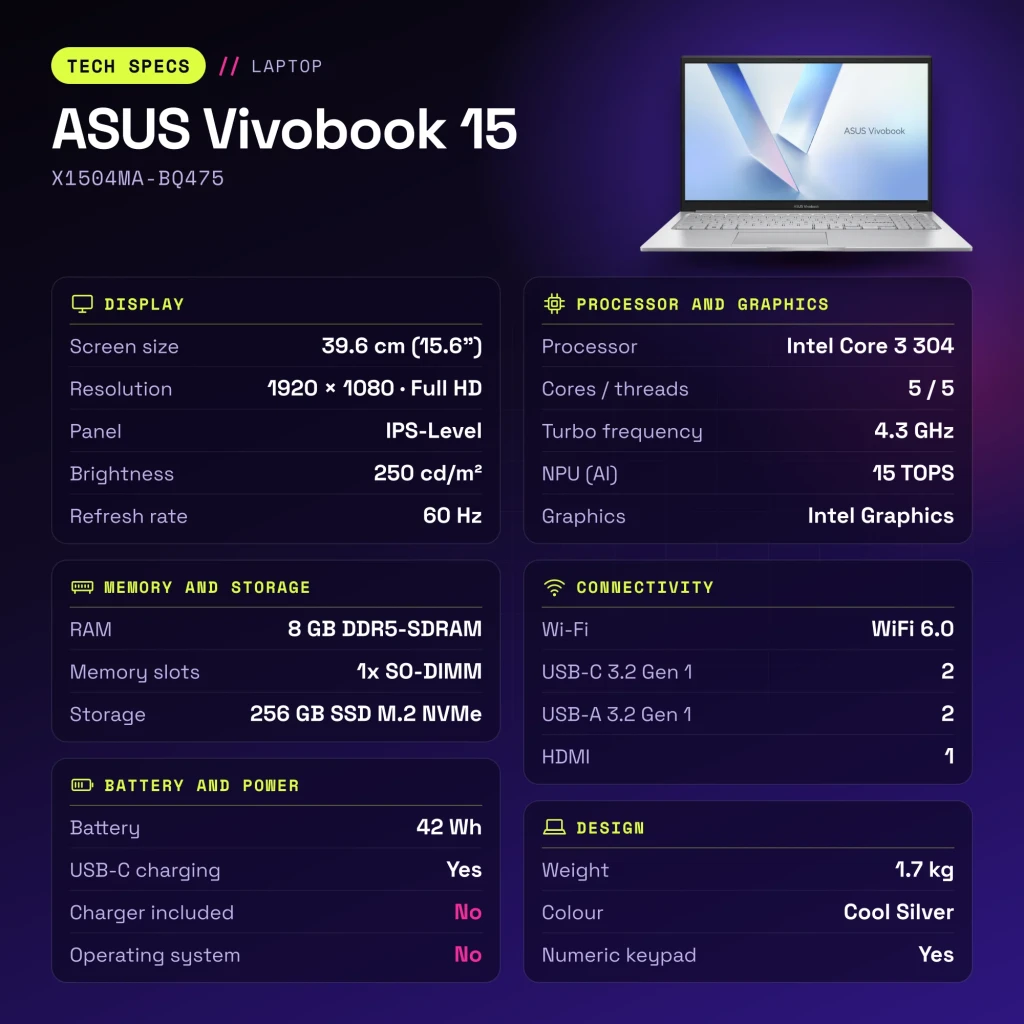 Portátil ASUS Vivobook 15 8GB/256GB 15,6 pulgadas Full HD IPS Intel Core 3 304 Sin Sistema Operativo Plata X1504MA-BQ475 - características