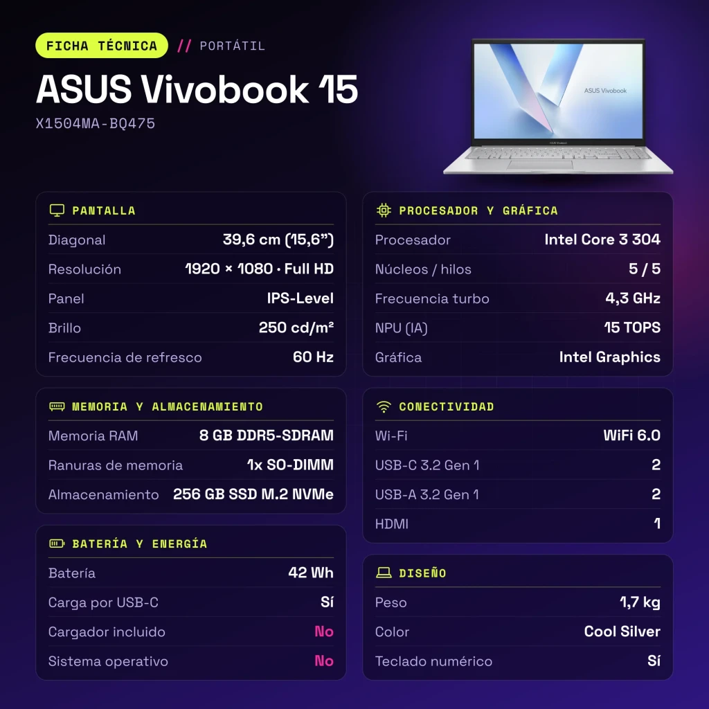 Portátil ASUS Vivobook 15 8GB/256GB 15,6 pulgadas Full HD IPS Intel Core 3 304 Sin Sistema Operativo Plata X1504MA-BQ475 - características